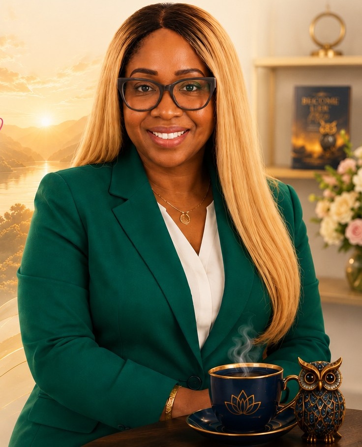 Maxine Grant-Adanfoh, smiling in a green blazer with a cup of tea at sunrise