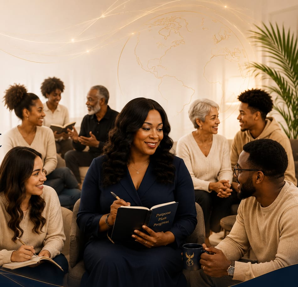 A warm circle of men and women in conversation with Maxine, gathered with journals and coffee mugs under a glowing world map illustration